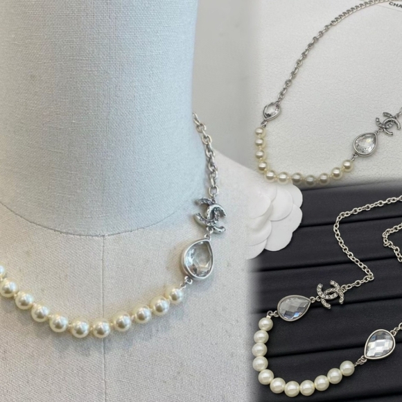 Chanel Double C Gunmetal Double Drop Chain Pearl Necklace - Picture 2 of 8